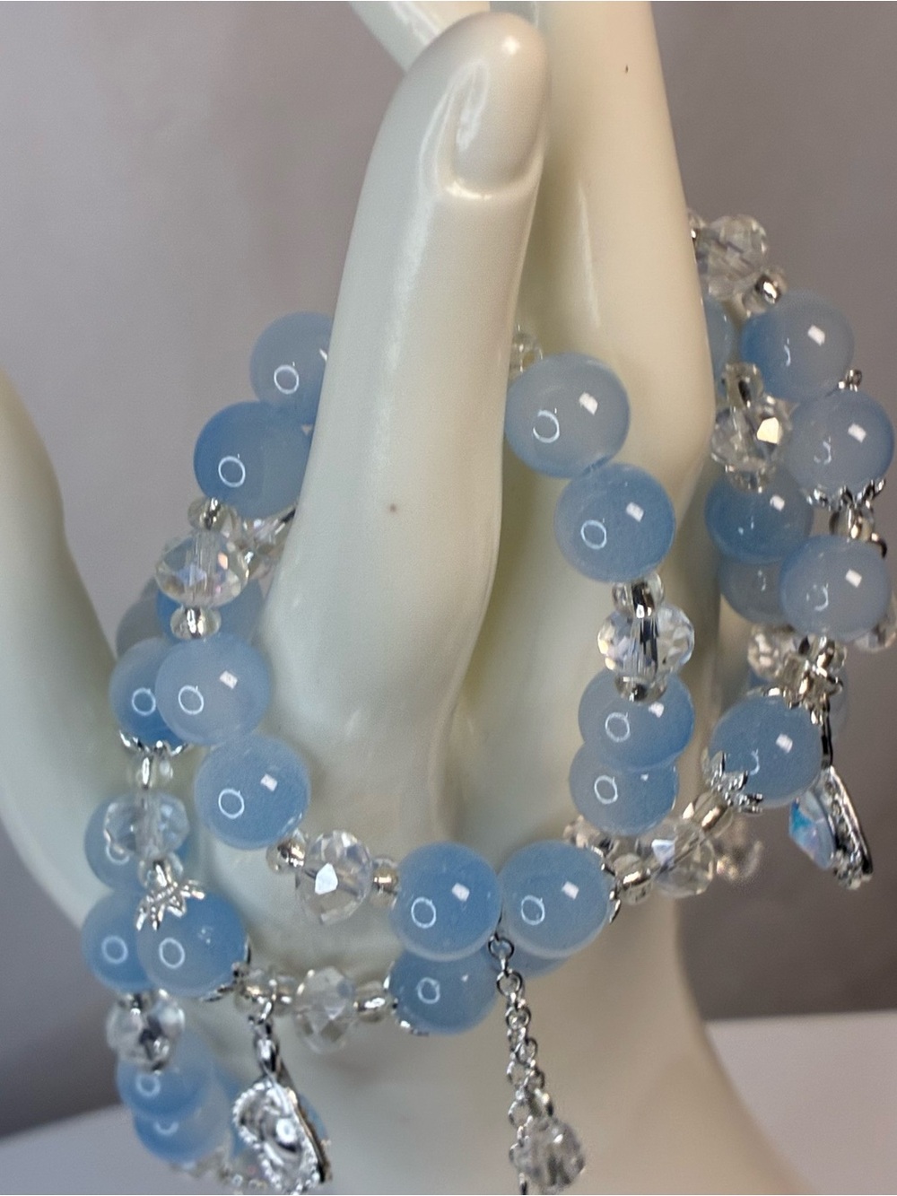 Delicate Sky Blue Glass Beaded Bracelets with Crystal Charms Set of 4